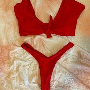 Sleeved Red Front Tie Bikini